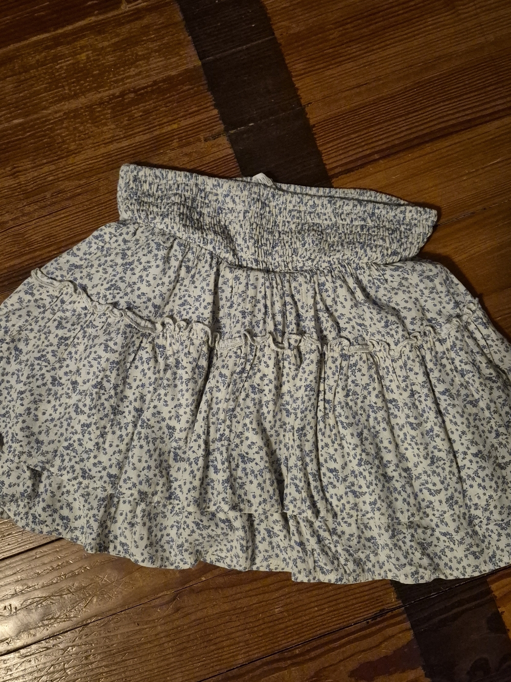 Floral Tiered Smocked Waist Skirt Skort - Blue on Cream- L